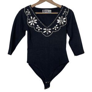 Vintage 80s Glam Rhinestone & Pearl Beaded Bodysuit - Size Medium